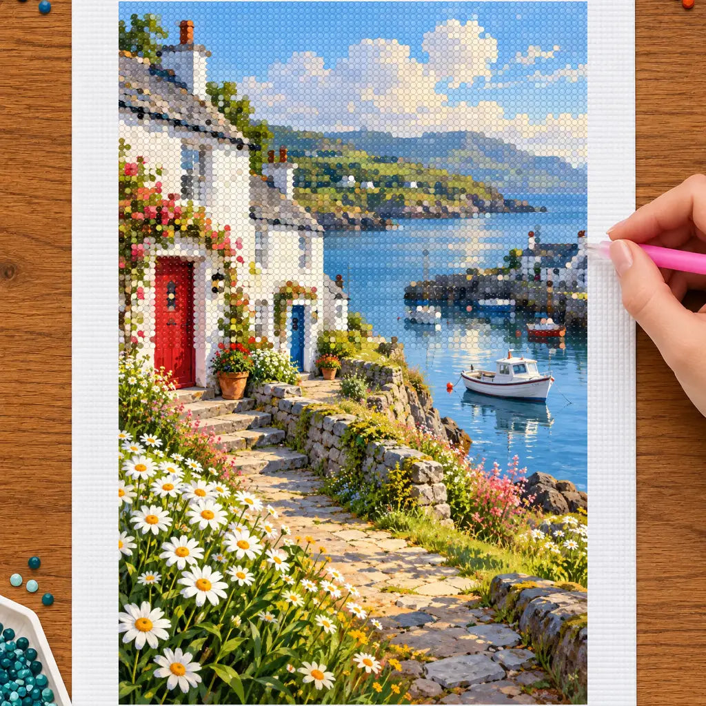 Hands placing drills on the scottish harbor cottages diamond painting canvas