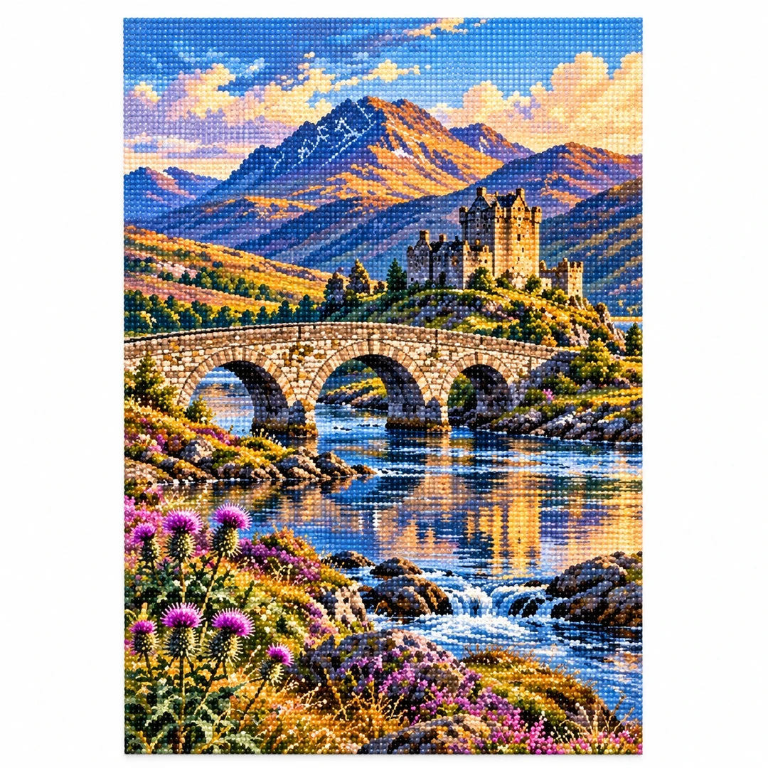 Scottish Highland Stone Bridge finished diamond artwork on white background
