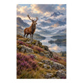 Original Scottish Highlands artwork with a red deer stag beside a mountain loch and purple heather