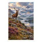 Original Scottish Highlands artwork with a red deer stag beside a mountain loch and purple heather