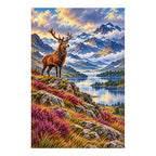 Diamond-finished stag, Highland loch and mountain artwork on a white background