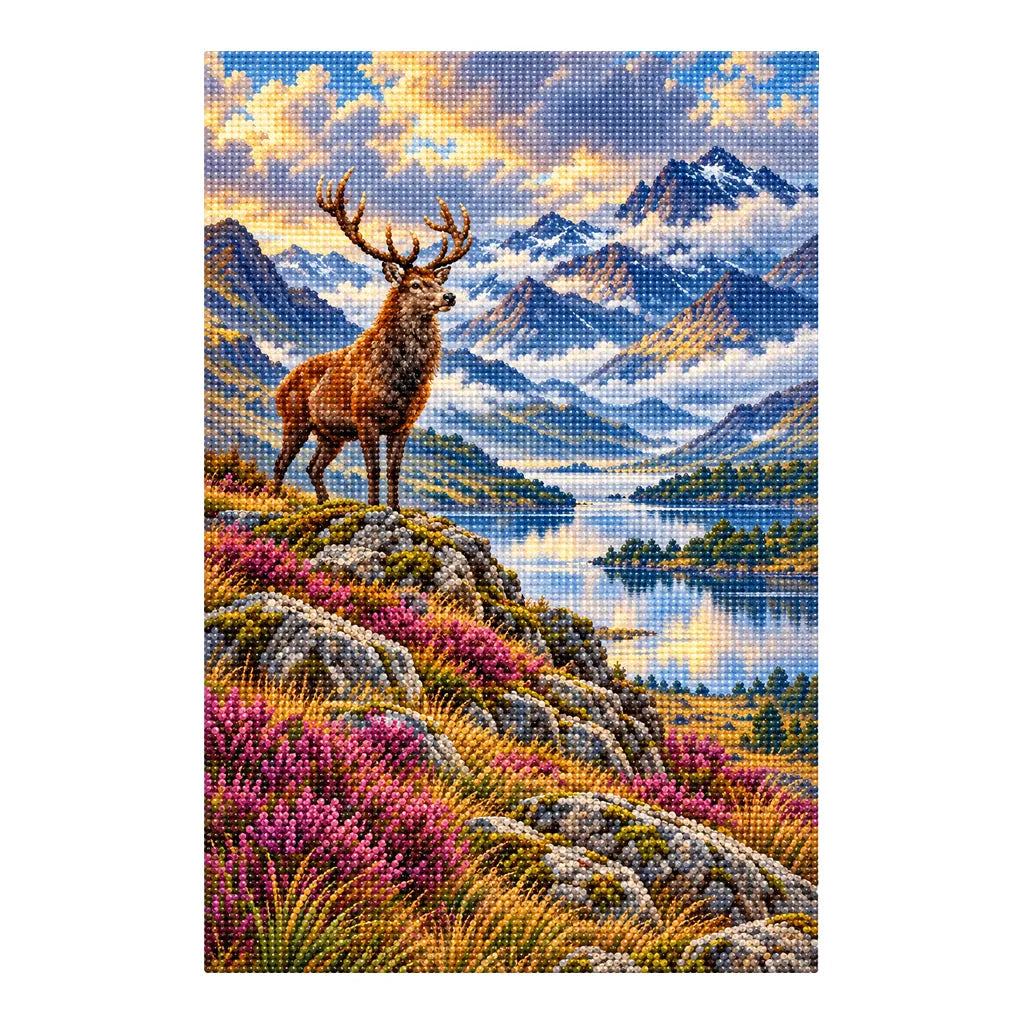 Diamond-finished stag, Highland loch and mountain artwork on a white background
