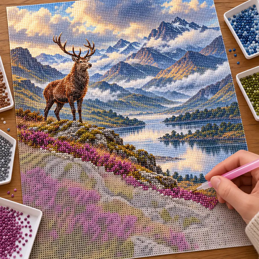 Hand placing diamond drills on the Scottish Highlands stag canvas beside trays of drills
