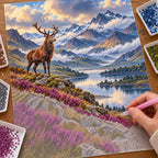 Hand placing diamond drills on the Scottish Highlands stag canvas beside trays of drills