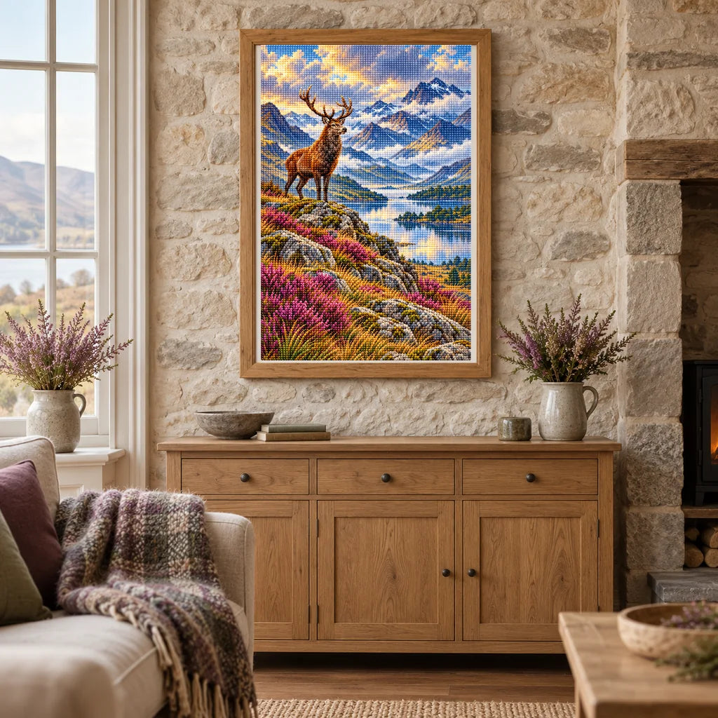 Framed Scottish Highlands diamond painting displayed in a rustic home interior
