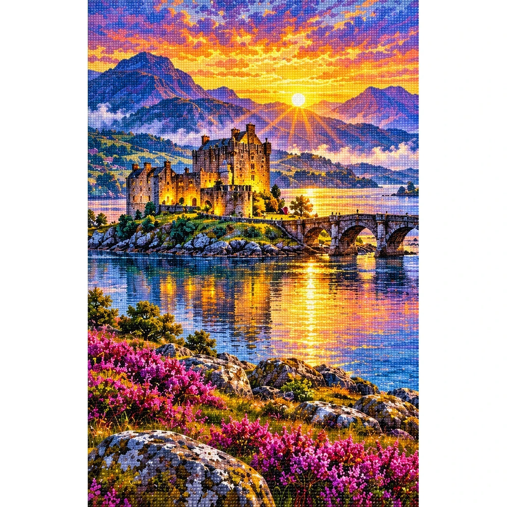Scottish Isle Castle Sunrise finished diamond painting on white