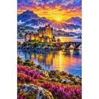Scottish Isle Castle Sunrise finished diamond painting on white