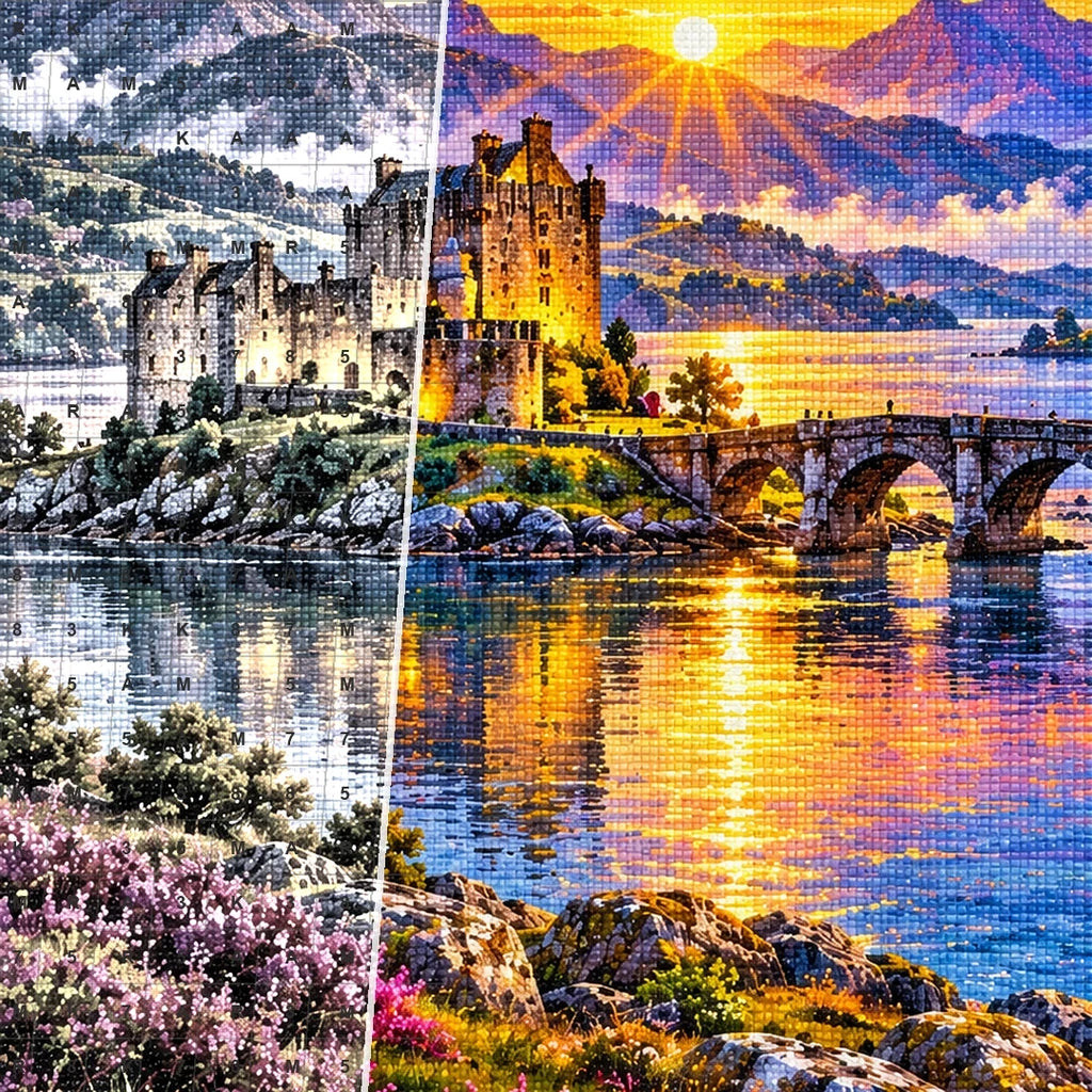 Scottish Isle Castle Sunrise canvas and resin drill detail