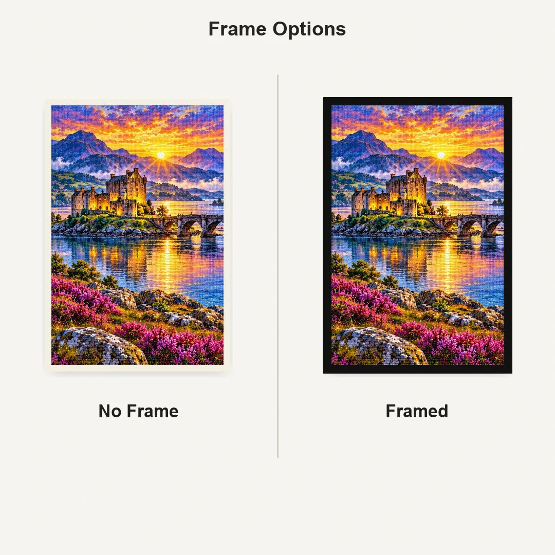 Scottish Isle Castle Sunrise No Frame and Framed comparison