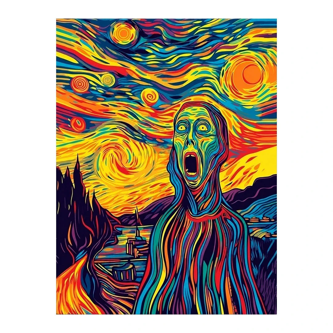White-background original artwork of scream beneath a starry sky