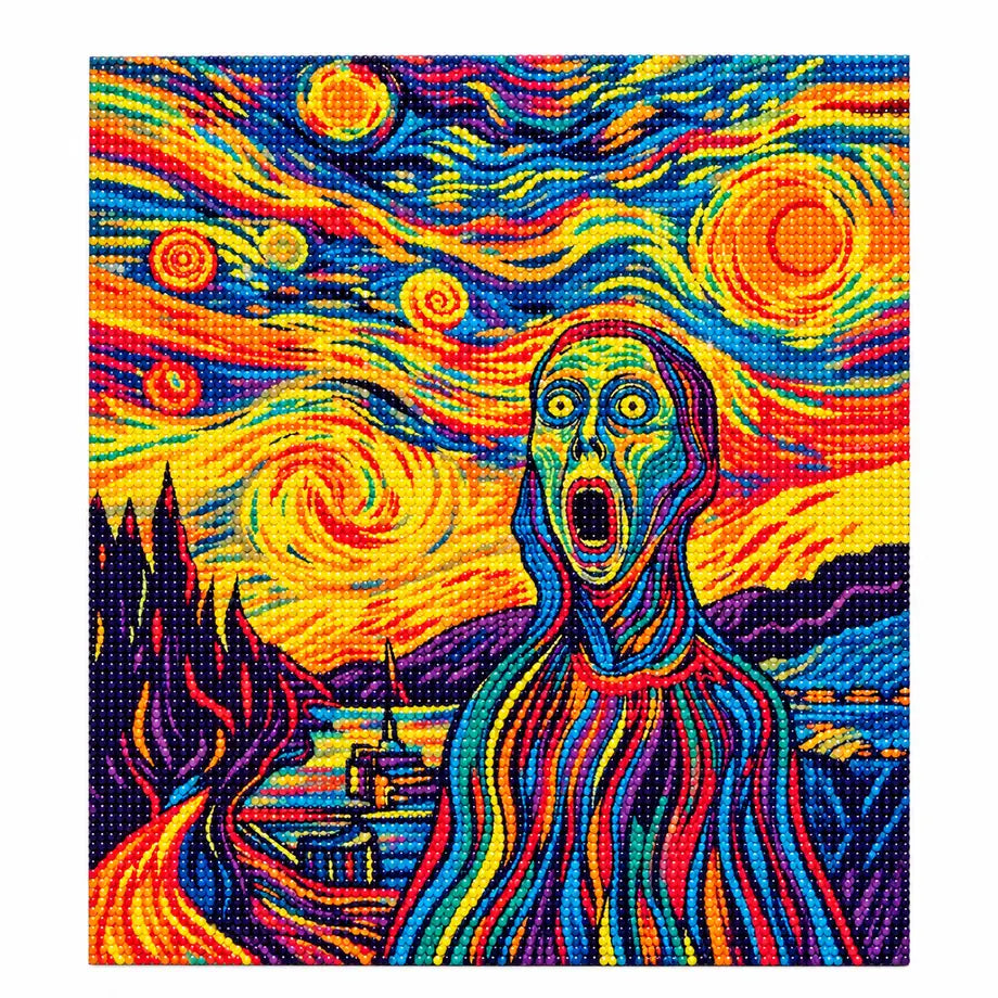 White-background finished diamond painting of scream beneath a starry sky