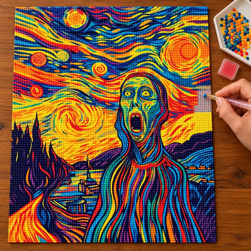 Hands placing drills on the scream beneath a starry sky diamond painting canvas