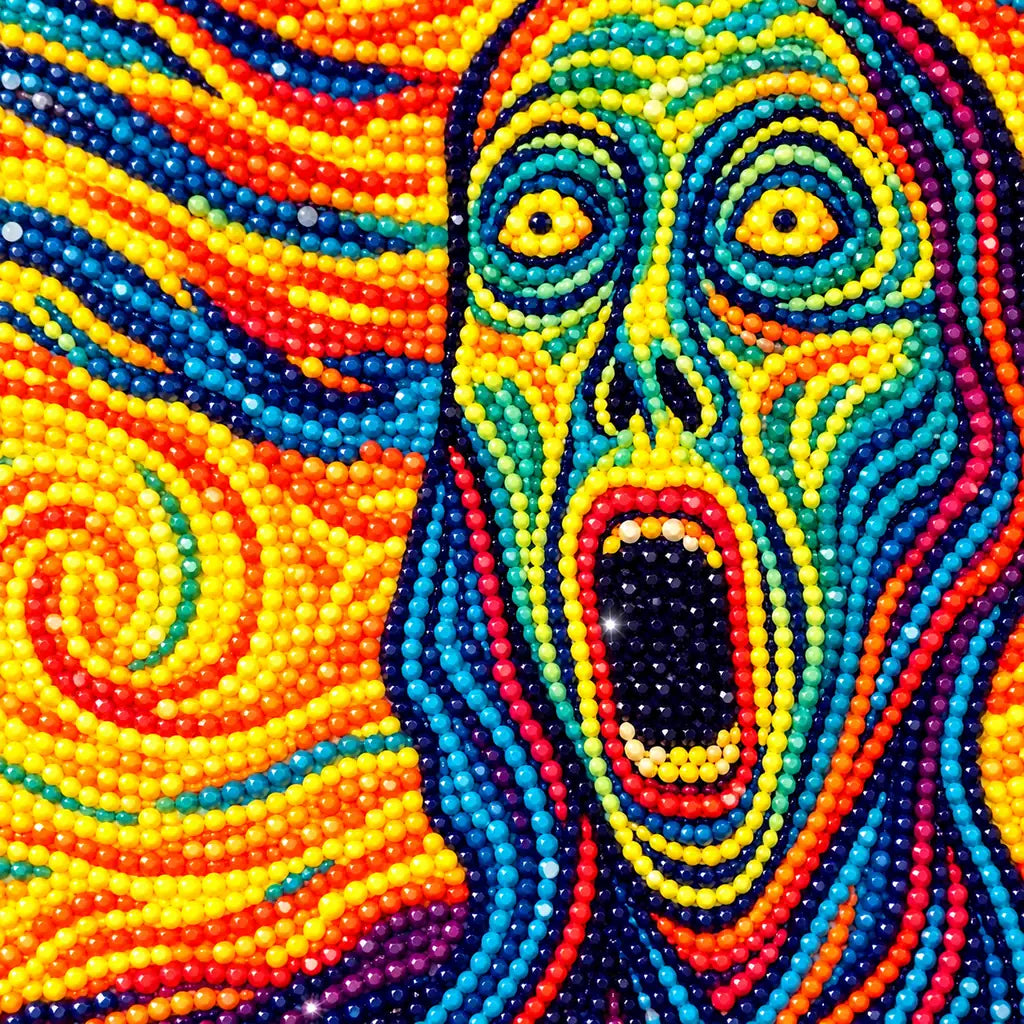 Close-up diamond detail of the scream beneath a starry sky diamond painting
