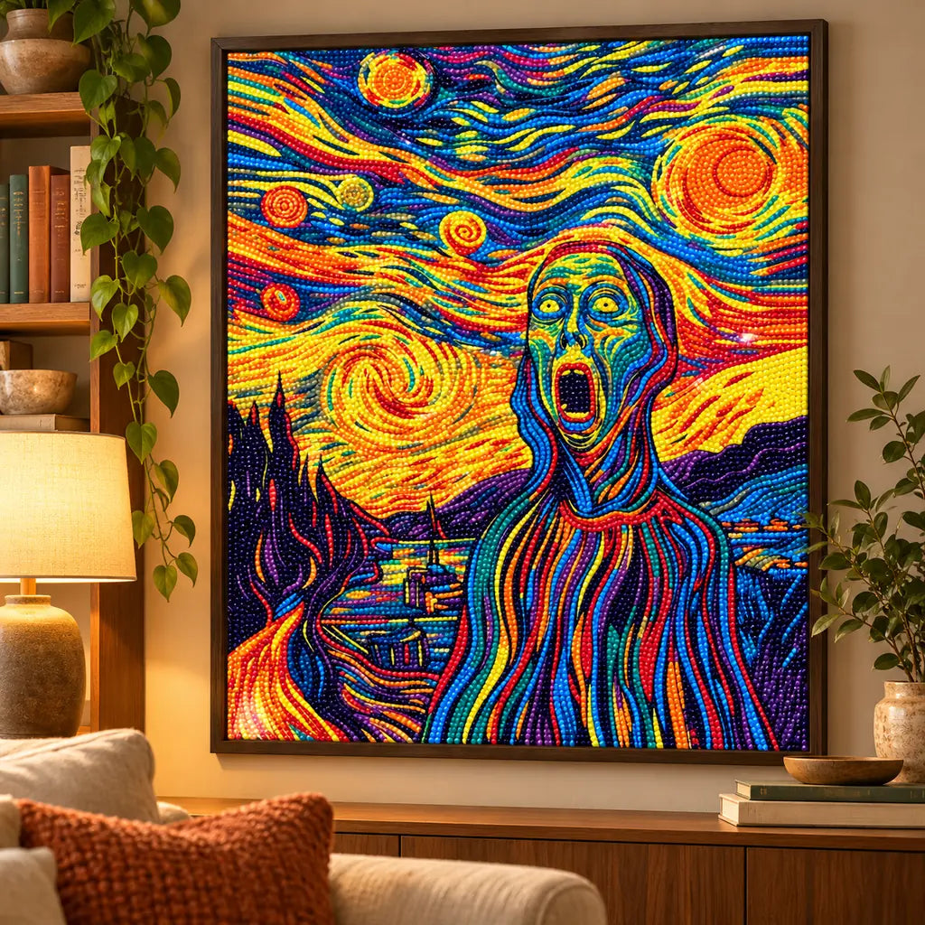 Framed home display of the scream beneath a starry sky diamond painting