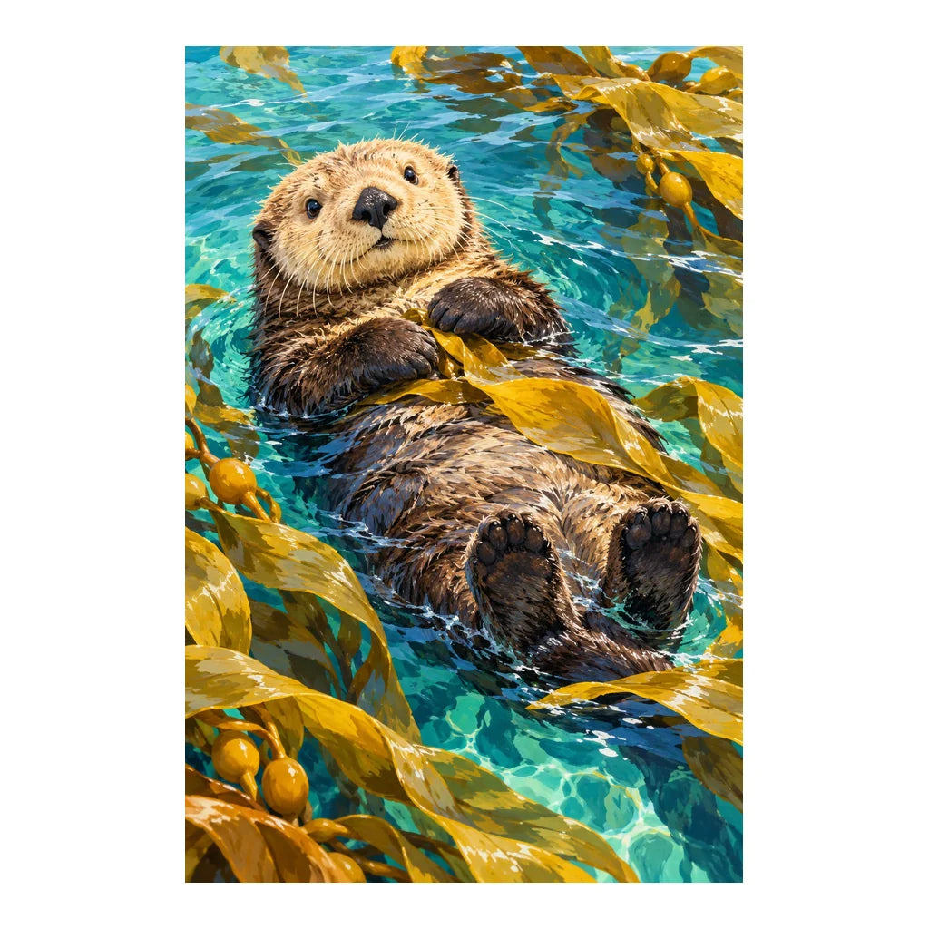 Original sea otter artwork floating among golden kelp