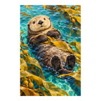Original sea otter artwork floating among golden kelp