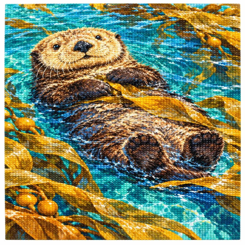 Completed diamond painting of a sea otter among kelp on a white background