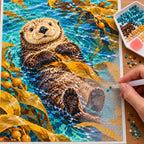 Hands placing drills on the sea otter kelp diamond painting canvas