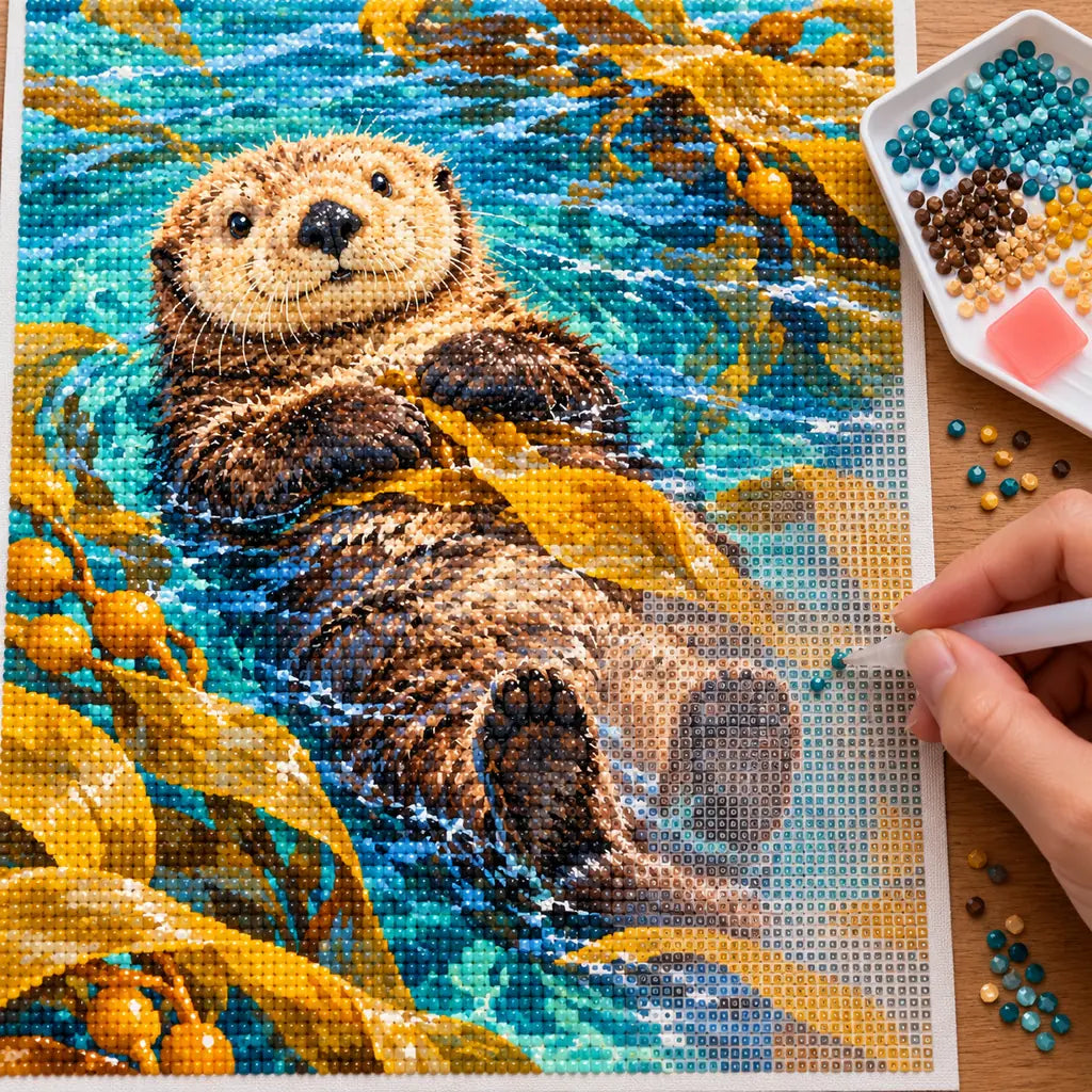 Hands placing drills on the sea otter kelp diamond painting canvas