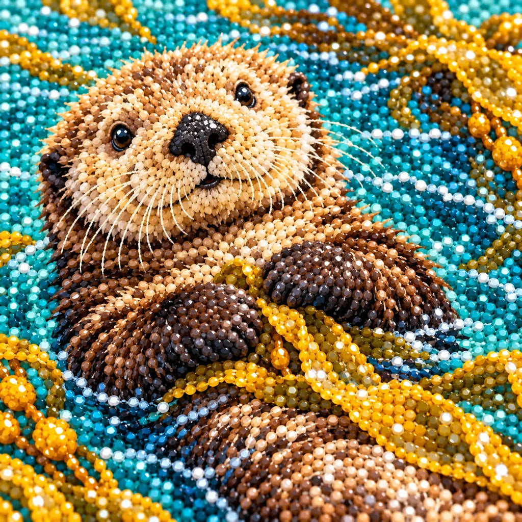 Close-up of colorful diamond drills on the sea otter artwork