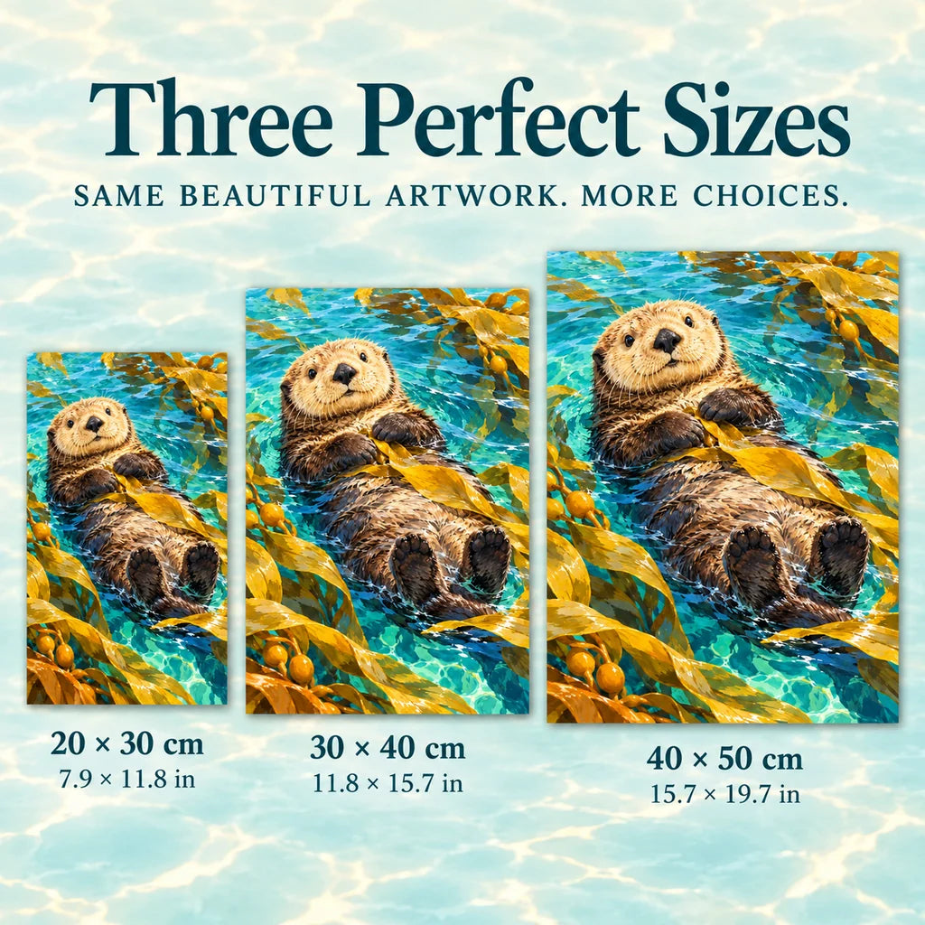 Three size options for the sea otter kelp diamond painting: 20 × 30, 30 × 40, and 40 × 50 cm