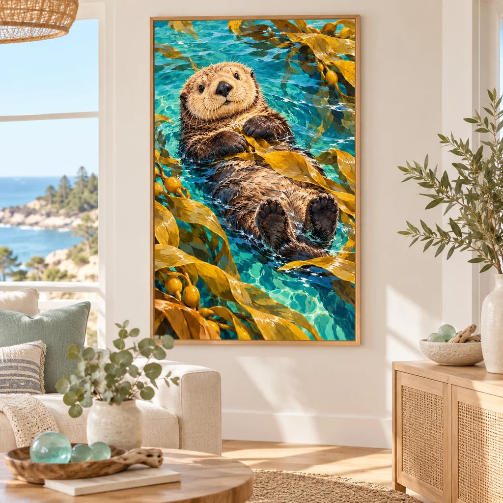 Framed sea otter kelp diamond painting displayed in a coastal home