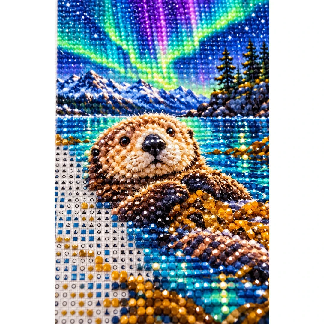 Sea Otter Northern Lights Diamond Painting Kit — canvas and drill material detail