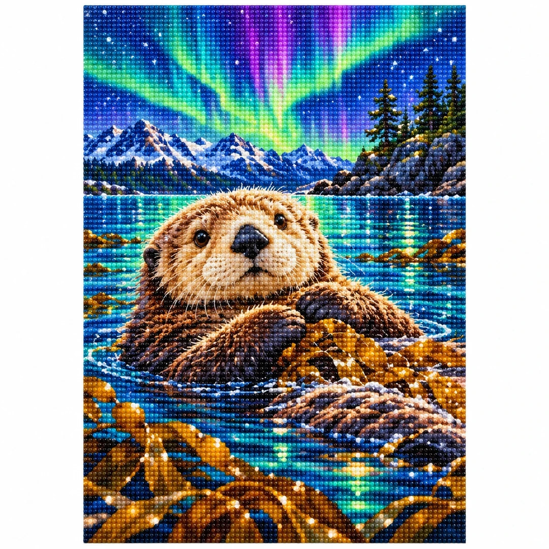 Sea Otter Northern Lights Diamond Painting Kit — finished diamond painting on white background