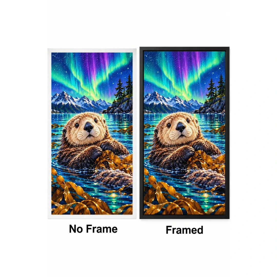 Sea Otter Northern Lights Diamond Painting Kit — No Frame and Framed style comparison