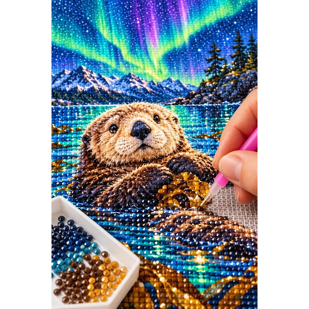 Sea Otter Northern Lights Diamond Painting Kit — diamond painting application process