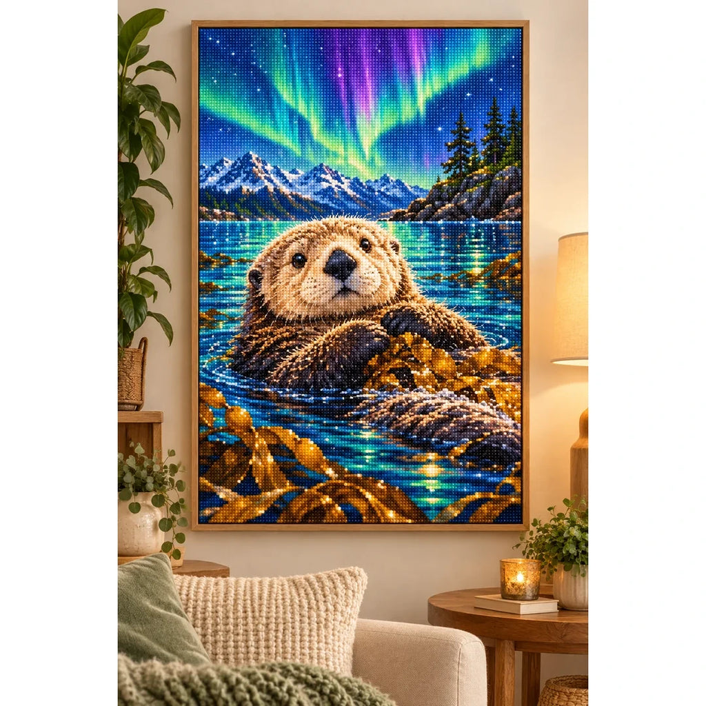 Sea Otter Northern Lights Diamond Painting Kit — finished diamond painting in a home setting