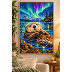 Sea Otter Northern Lights Diamond Painting Kit — finished diamond painting in a home setting