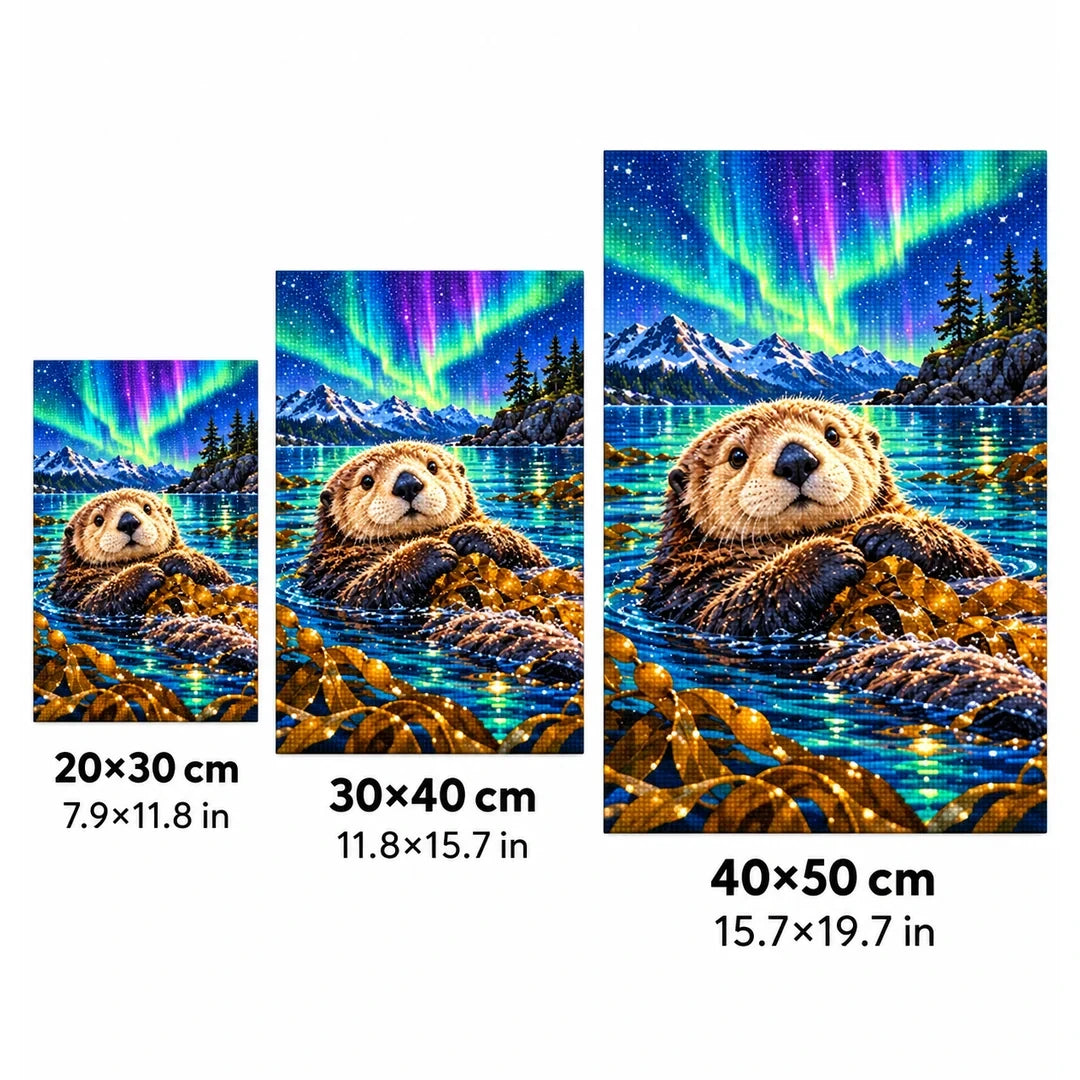 Sea Otter Northern Lights Diamond Painting Kit — 20 by 30, 30 by 40, and 40 by 50 centimeter size guide