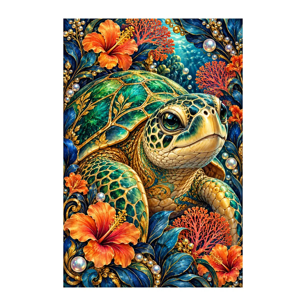 Original white-background artwork of Sea Turtle Coral Flower Frame