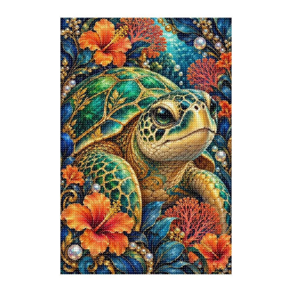 Finished white-background diamond painting of Sea Turtle Coral Flower Frame