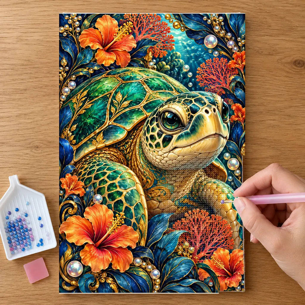 Hands placing drills on the Sea Turtle Coral Flower Frame diamond painting canvas