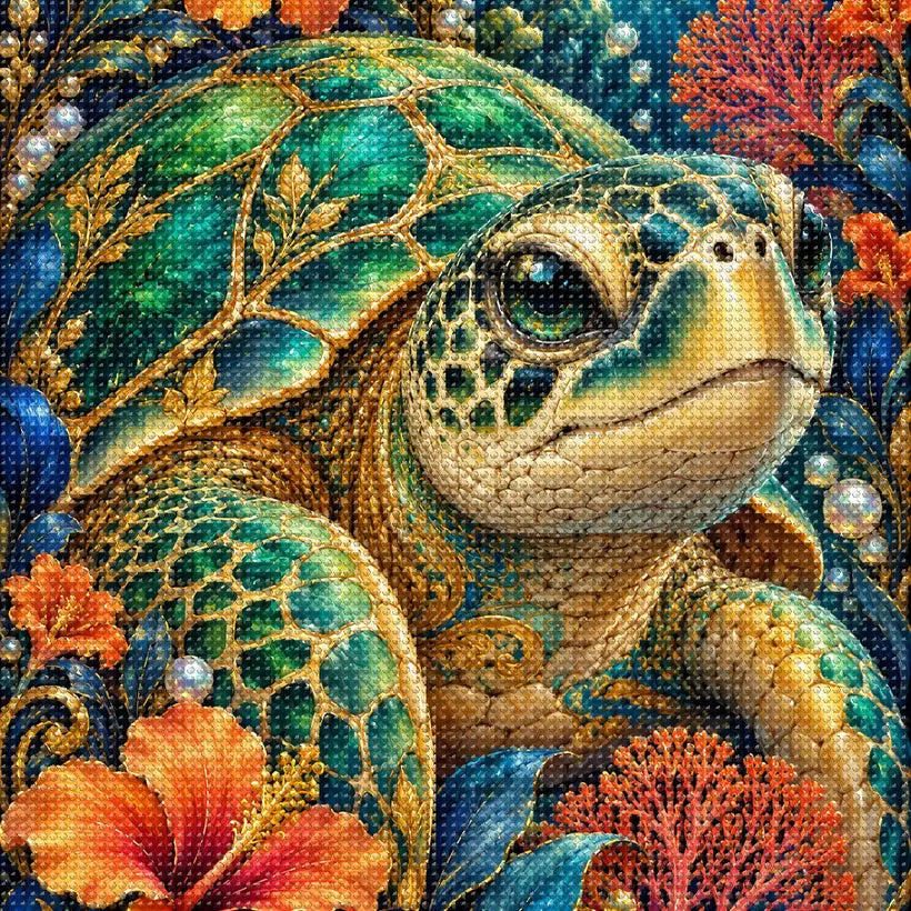 Close-up of sparkling drills on the Sea Turtle Coral Flower Frame design