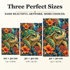 Sea Turtle Coral Flower Frame diamond painting in 20 by 30, 30 by 40, and 40 by 50 centimeter sizes