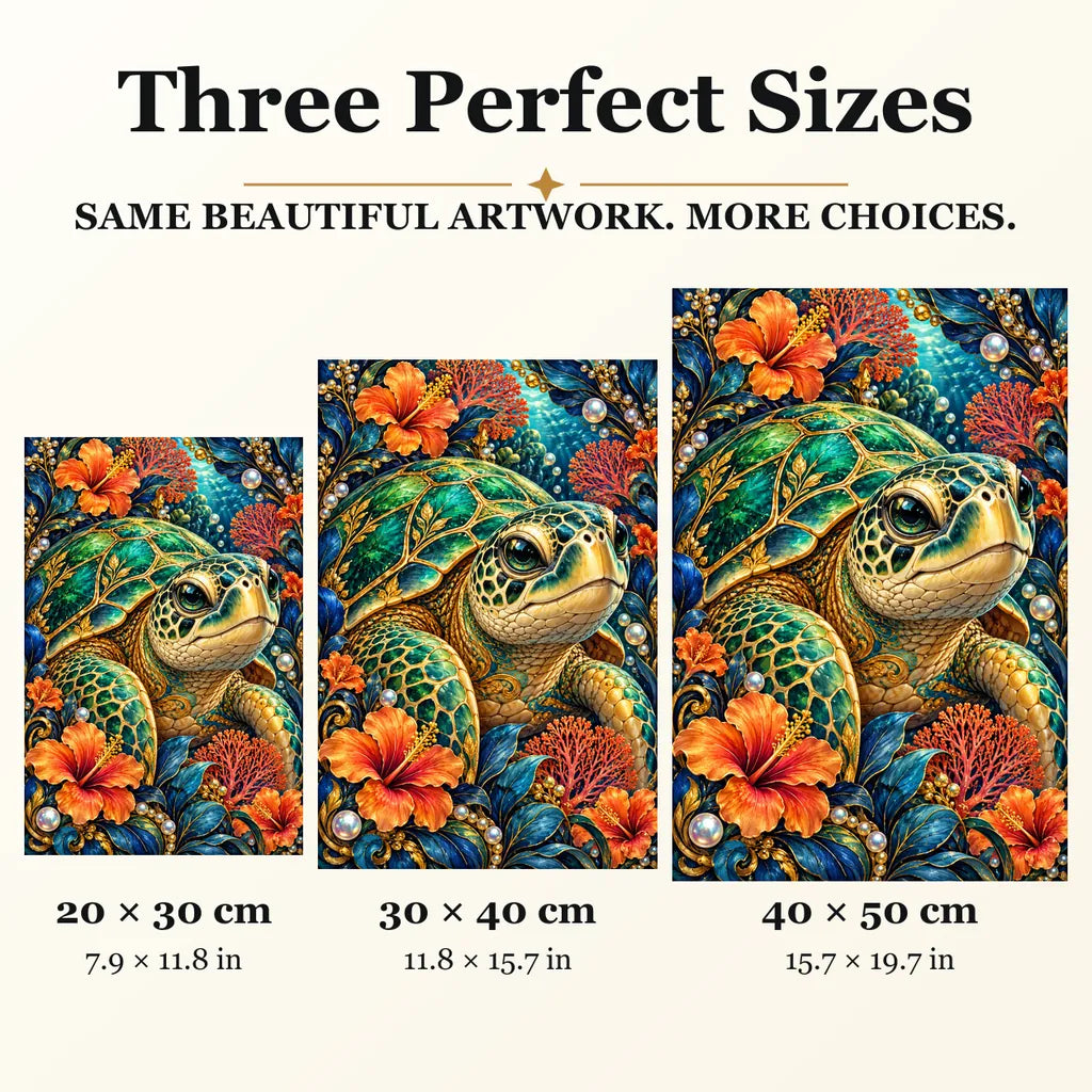 Sea Turtle Coral Flower Frame diamond painting in 20 by 30, 30 by 40, and 40 by 50 centimeter sizes
