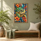 Framed Sea Turtle Coral Flower Frame diamond painting displayed in a home interior