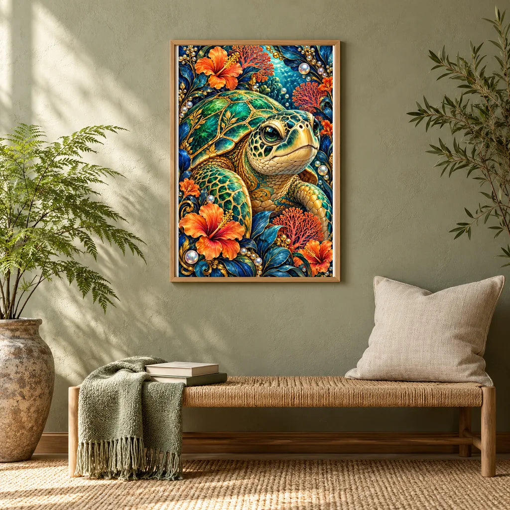 Framed Sea Turtle Coral Flower Frame diamond painting displayed in a home interior