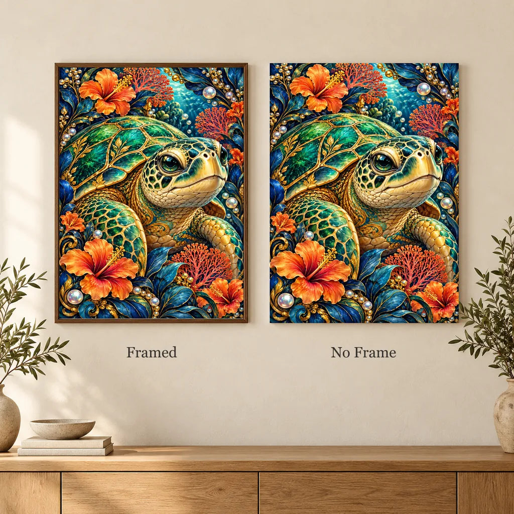 Framed and no-frame options for the Sea Turtle Coral Flower Frame diamond painting