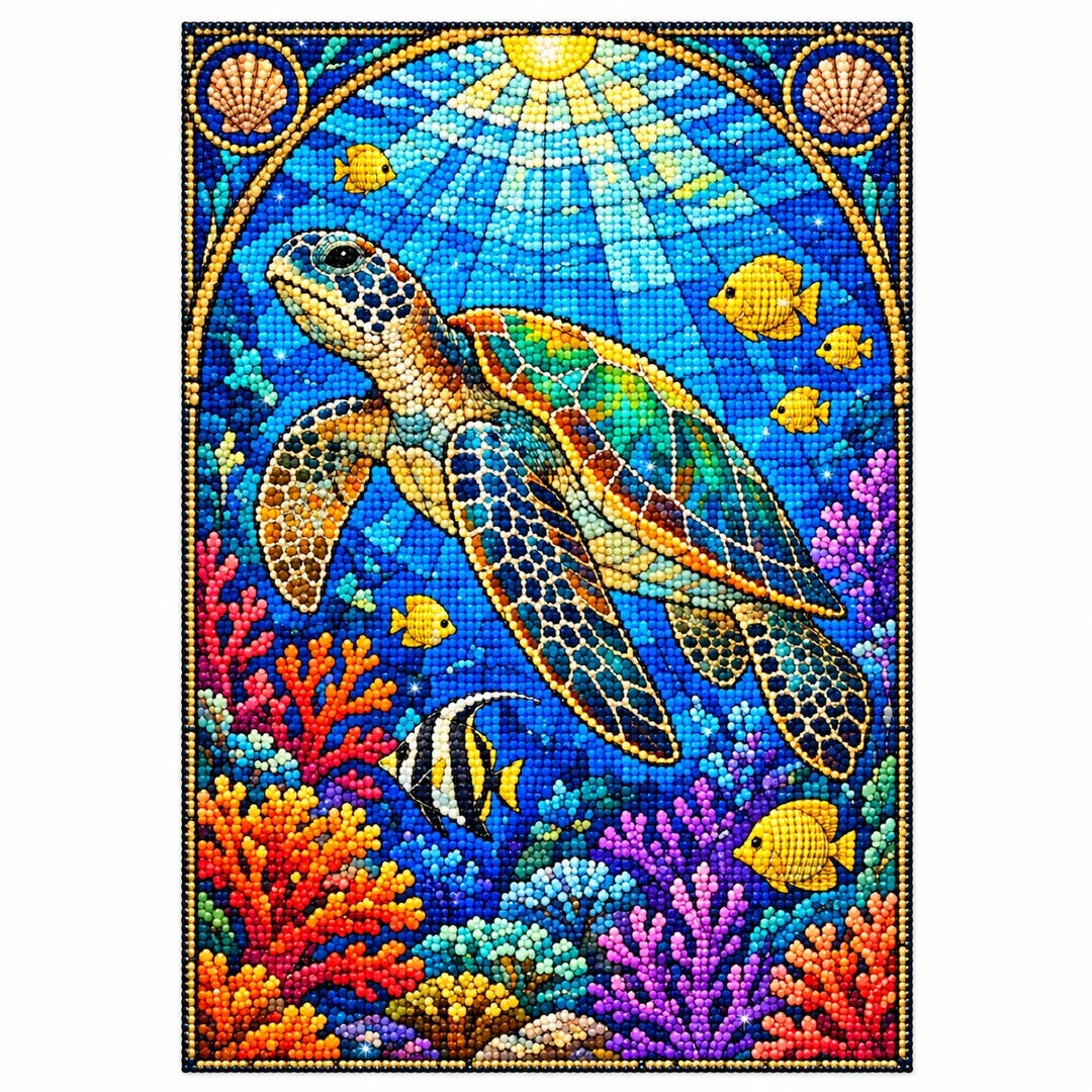 Sea Turtle Coral Reef Diamond Painting Kit — finished diamond painting on white background