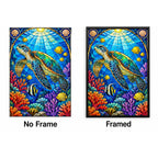 Sea Turtle Coral Reef Diamond Painting Kit — No Frame and Framed style comparison