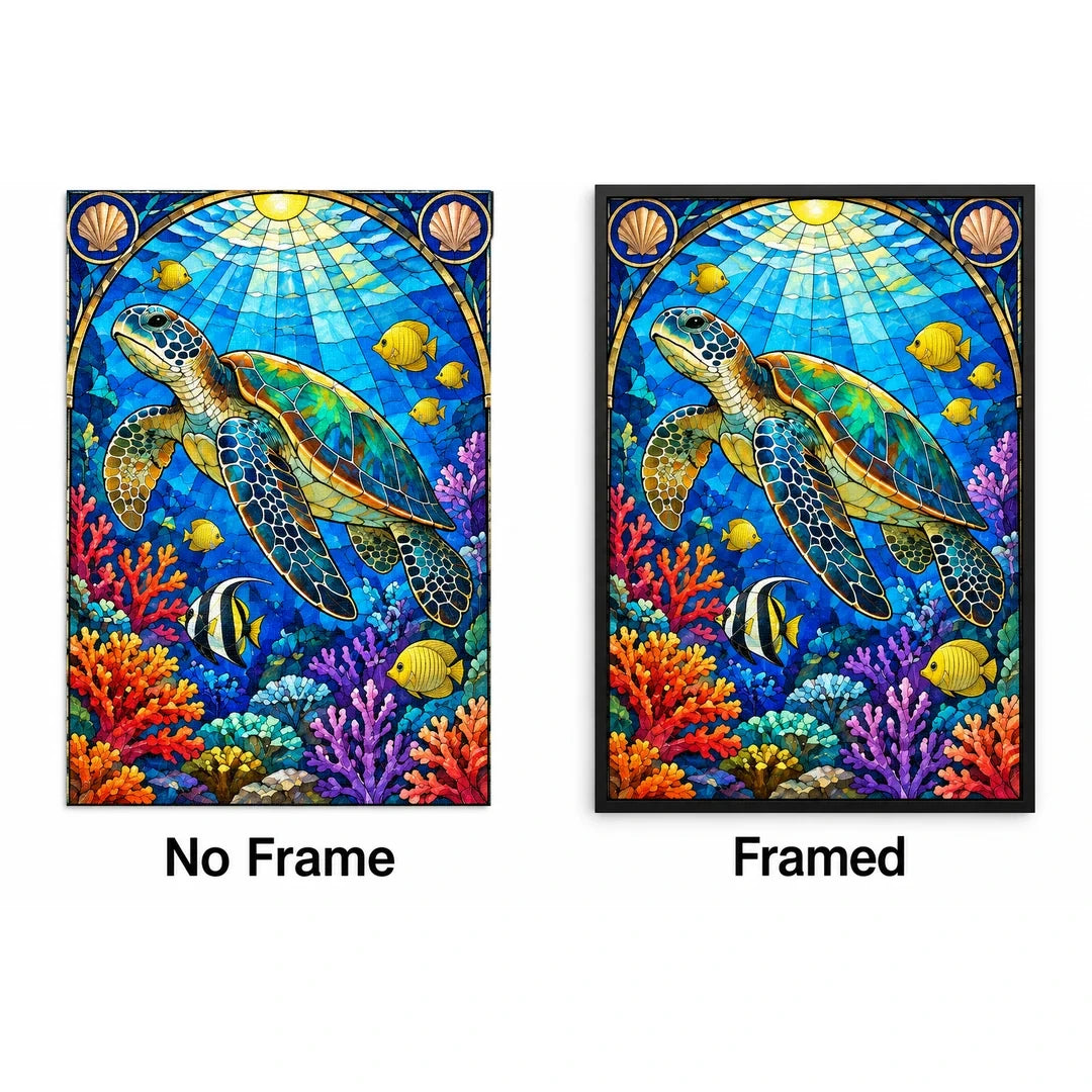 Sea Turtle Coral Reef Diamond Painting Kit — No Frame and Framed style comparison