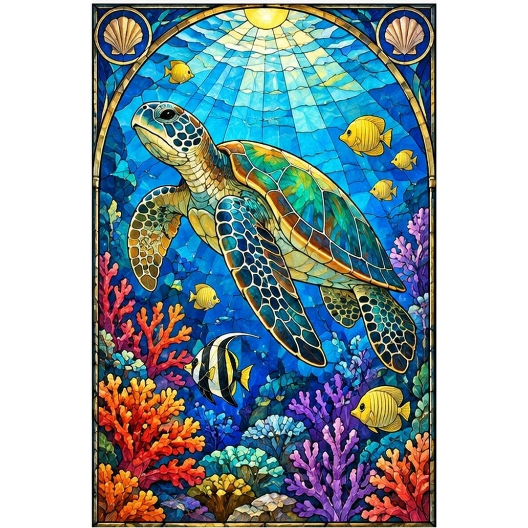 Sea Turtle Coral Reef Diamond Painting Kit — original white-background artwork