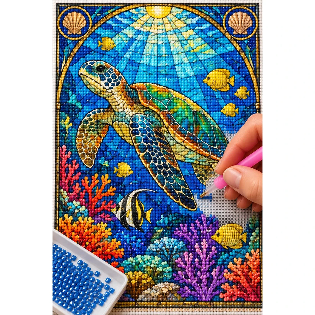Sea Turtle Coral Reef Diamond Painting Kit — diamond painting application process