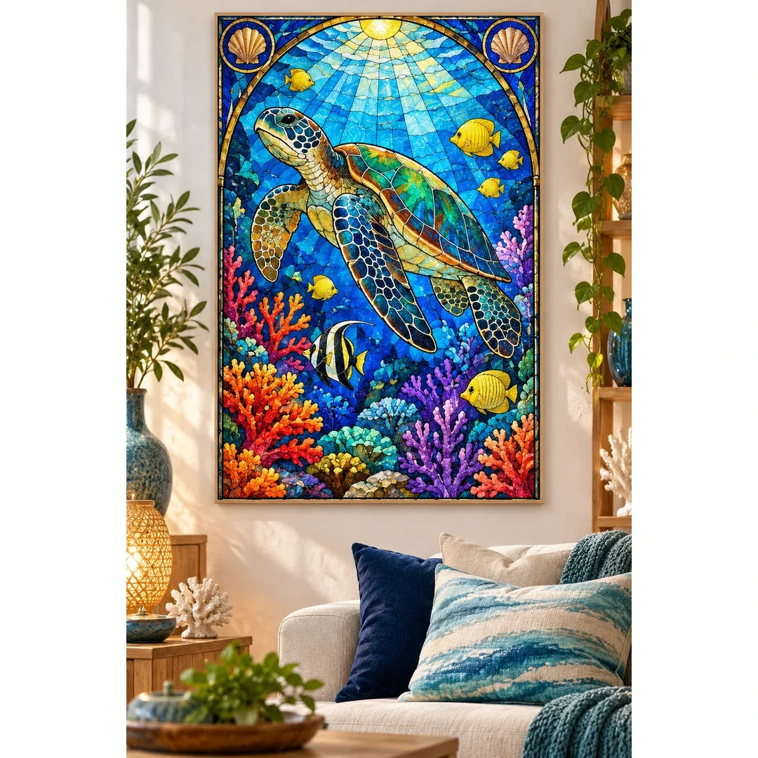 Sea Turtle Coral Reef Diamond Painting Kit — finished diamond painting in a home setting