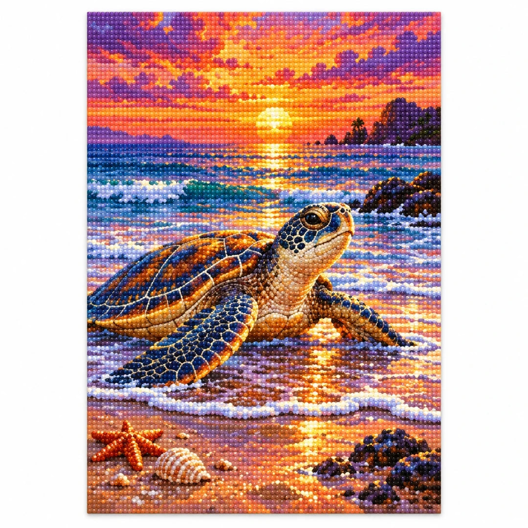 Sea Turtle Sunset Diamond Painting Kit finished diamond artwork on white background