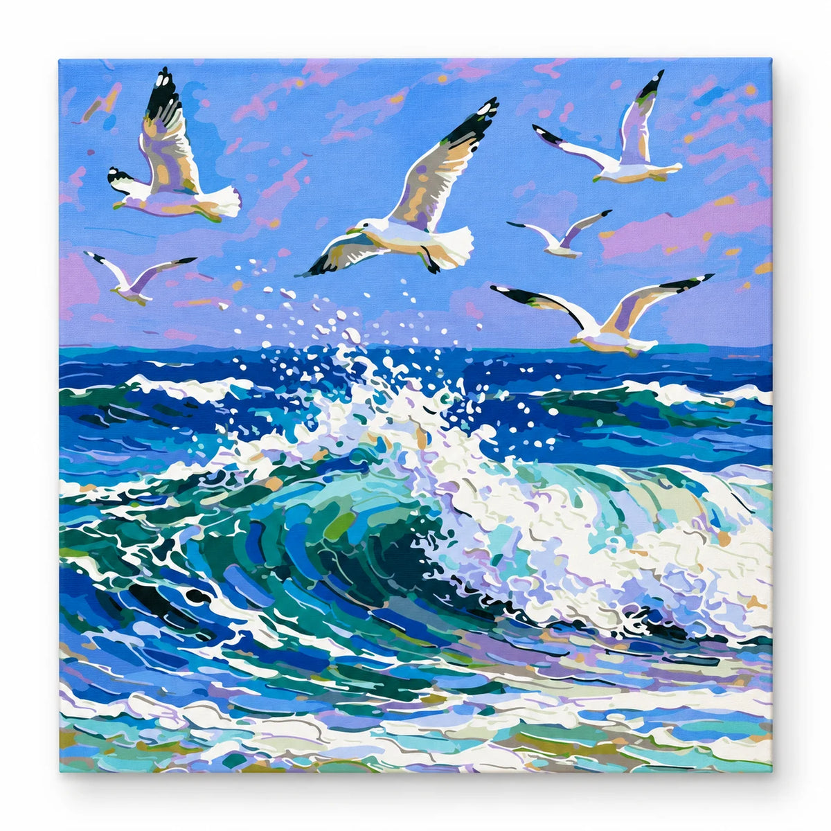 Seagulls over an Ocean Wave paint by numbers artwork on a front-facing canvas against a white background